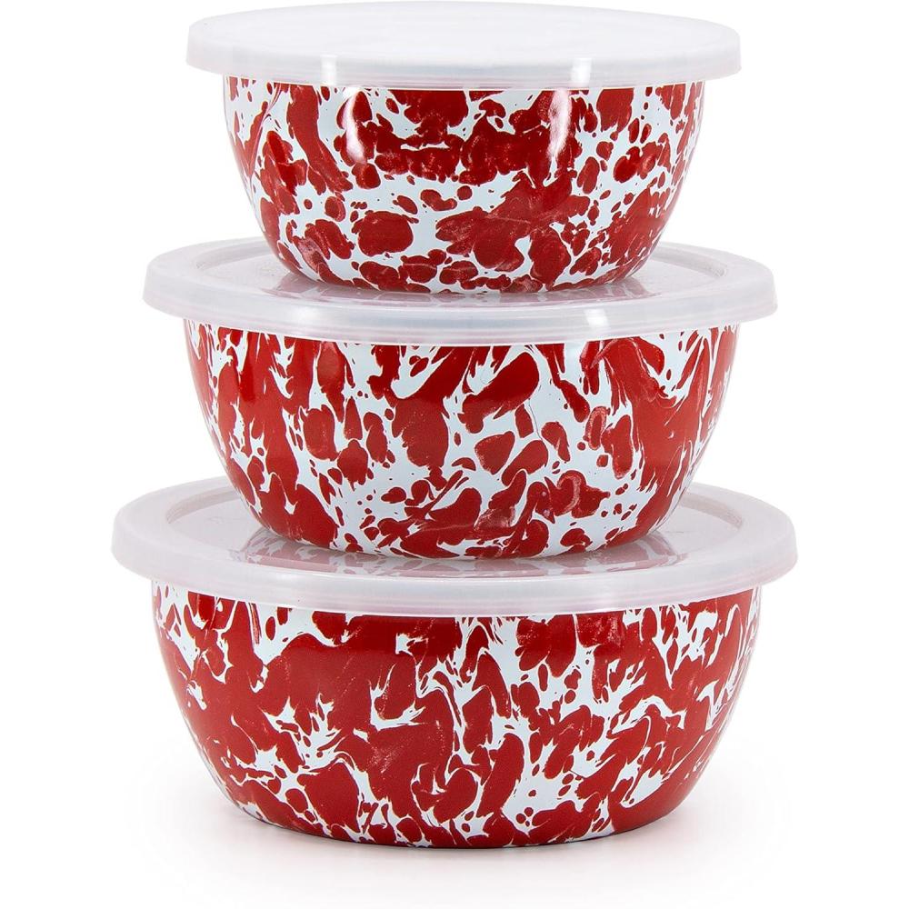 image:imageGolden Rabbit Enamelware Nesting Storage Bowls with Lids Set of 3 Taupe SwirlRed Swirl