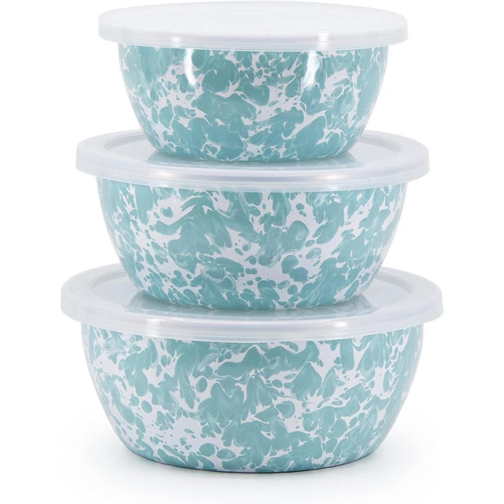 image:imageGolden Rabbit Enamelware Nesting Storage Bowls with Lids Set of 3 Taupe SwirlSea Glass