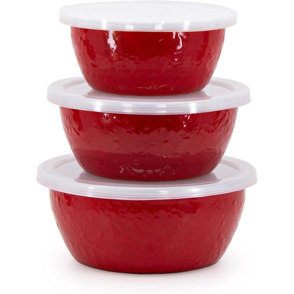image:imageGolden Rabbit Enamelware Nesting Storage Bowls with Lids Set of 3 Taupe SwirlSolid Red Textured