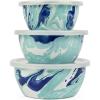 Golden Rabbit Enamelware Nesting Storage Bowls with Lids, Set of 3, Taupe Swirl(Lagoon)