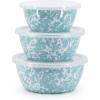 Golden Rabbit Enamelware Nesting Storage Bowls with Lids, Set of 3, Taupe Swirl(Sea Glass)