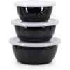 Golden Rabbit Enamelware Nesting Storage Bowls with Lids, Set of 3, Taupe Swirl(Solid Black Textured)