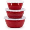 Golden Rabbit Enamelware Nesting Storage Bowls with Lids, Set of 3, Taupe Swirl(Solid Red Textured)