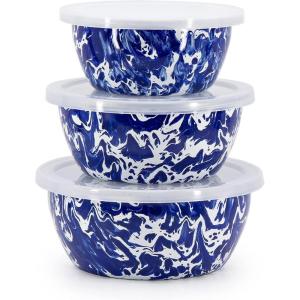 Golden Rabbit Enamelware Nesting Storage Bowls with Lids, Set of 3, Taupe Swirl(Cobalt Swirl)