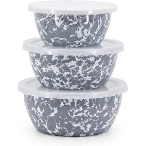 Golden Rabbit Enamelware Nesting Storage Bowls with Lids, Set of 3, Taupe Swirl(Grey Swirl)