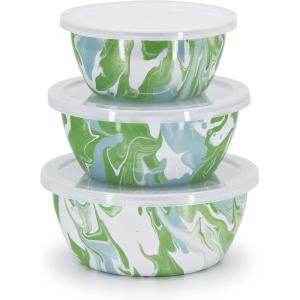 Golden Rabbit Enamelware Nesting Storage Bowls with Lids, Set of 3, Taupe Swirl(Modern Monet)