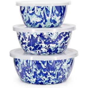Golden Rabbit Enamelware Nesting Storage Bowls with Lids, Set of 3, Taupe Swirl(Ocean)