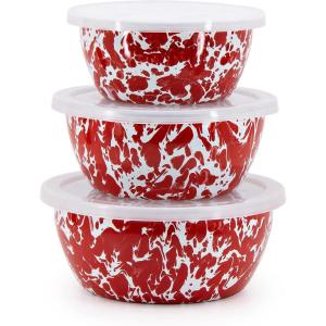 Golden Rabbit Enamelware Nesting Storage Bowls with Lids, Set of 3, Taupe Swirl(Red Swirl)