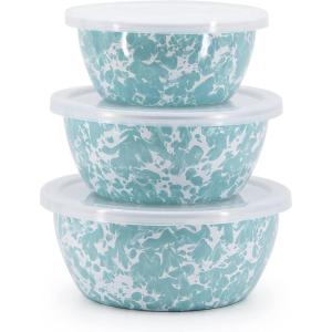 Golden Rabbit Enamelware Nesting Storage Bowls with Lids, Set of 3, Taupe Swirl(Sea Glass)