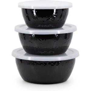 Golden Rabbit Enamelware Nesting Storage Bowls with Lids, Set of 3, Taupe Swirl(Solid Black Textured)