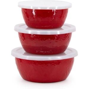 Golden Rabbit Enamelware Nesting Storage Bowls with Lids, Set of 3, Taupe Swirl(Solid Red Textured)