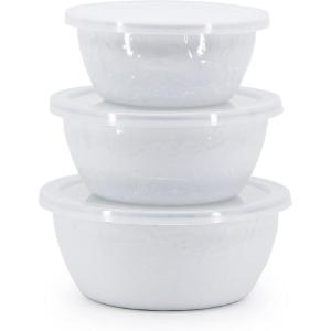 Golden Rabbit Enamelware Nesting Storage Bowls with Lids, Set of 3, Taupe Swirl(Solid White Textured)