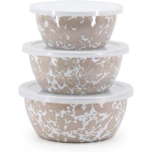 Golden Rabbit Enamelware Nesting Storage Bowls with Lids, Set of 3, Taupe Swirl(Taupe Swirl)