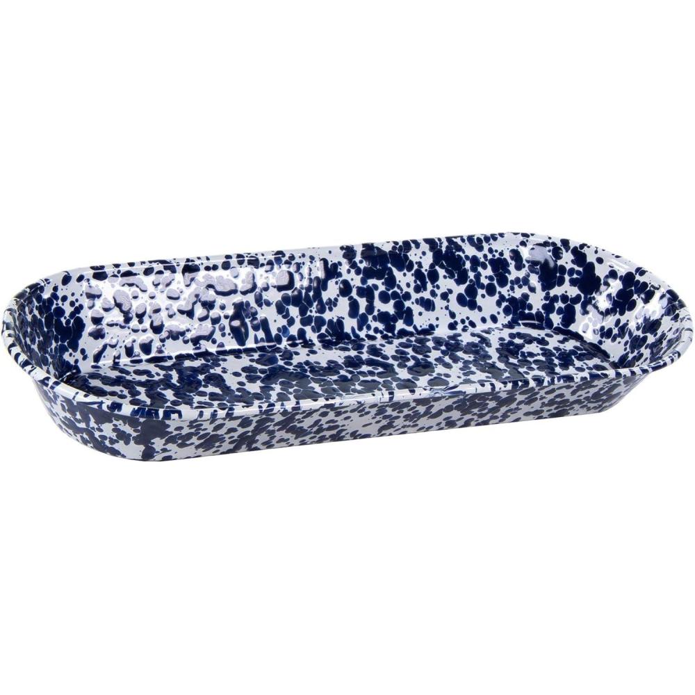 image:imageGolden Rabbit Enamelware Oval Basket 16 x 6 inch Solid White TexturedCobalt Swirl