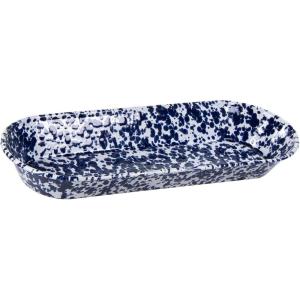 Golden Rabbit Enamelware Oval Basket, 16 x 6 inch, Solid White Textured(Cobalt Swirl)