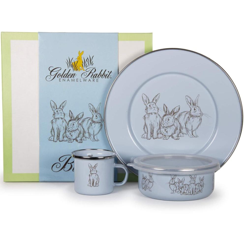 image:imageGolden Rabbit Enamelware Child Dinnerware Set Plate Mug and Bowl with Lid Polka Dot PeterBlue Bunnies