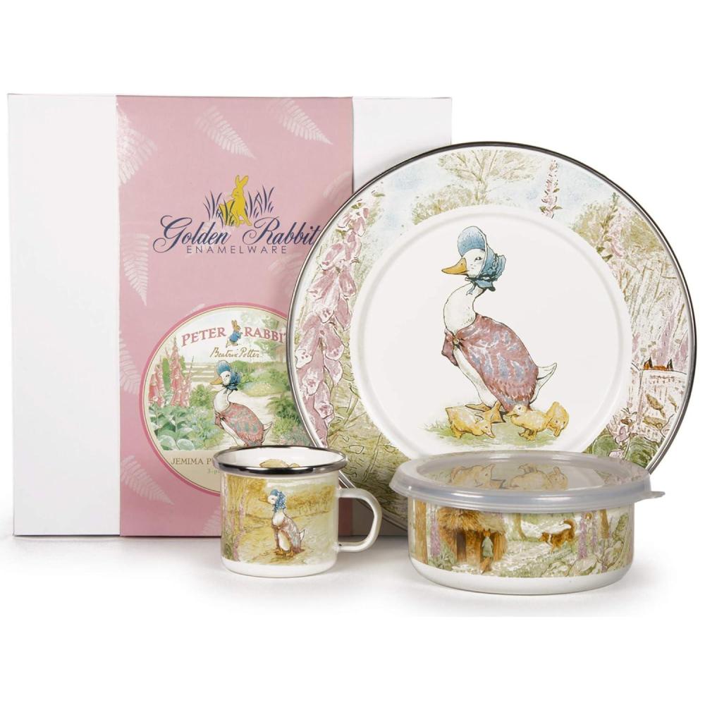 image:imageGolden Rabbit Enamelware Child Dinnerware Set Plate Mug and Bowl with Lid Polka Dot PeterJemima Puddleduck