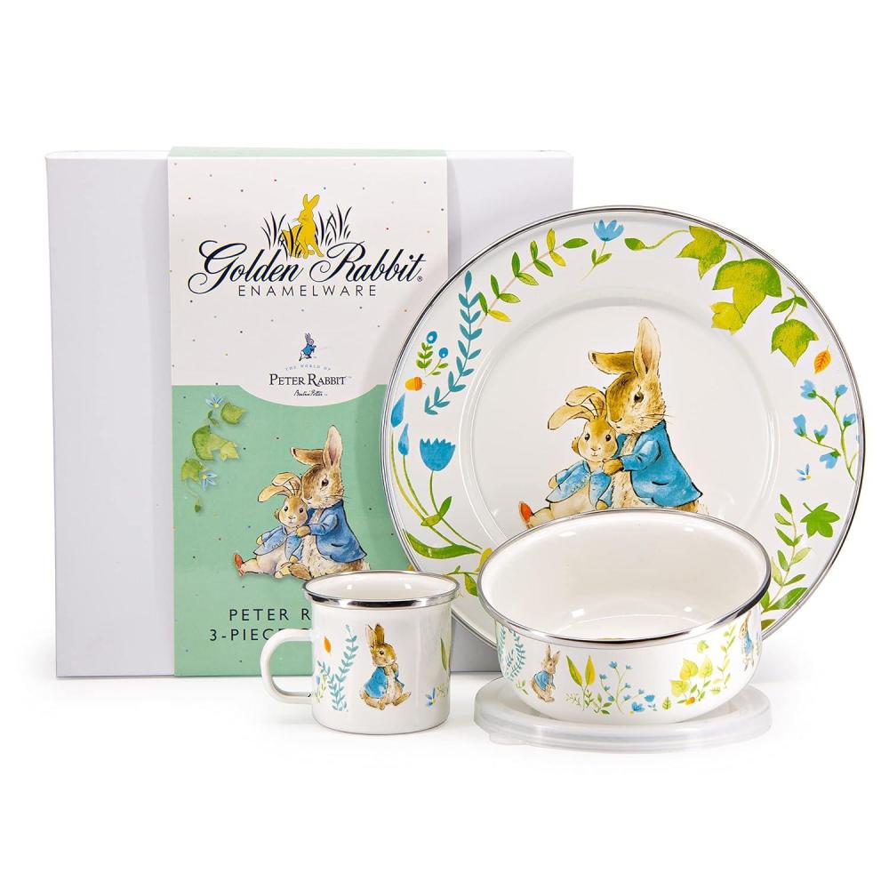 image:imageGolden Rabbit Enamelware Child Dinnerware Set Plate Mug and Bowl with Lid Polka Dot PeterSpring Leaves