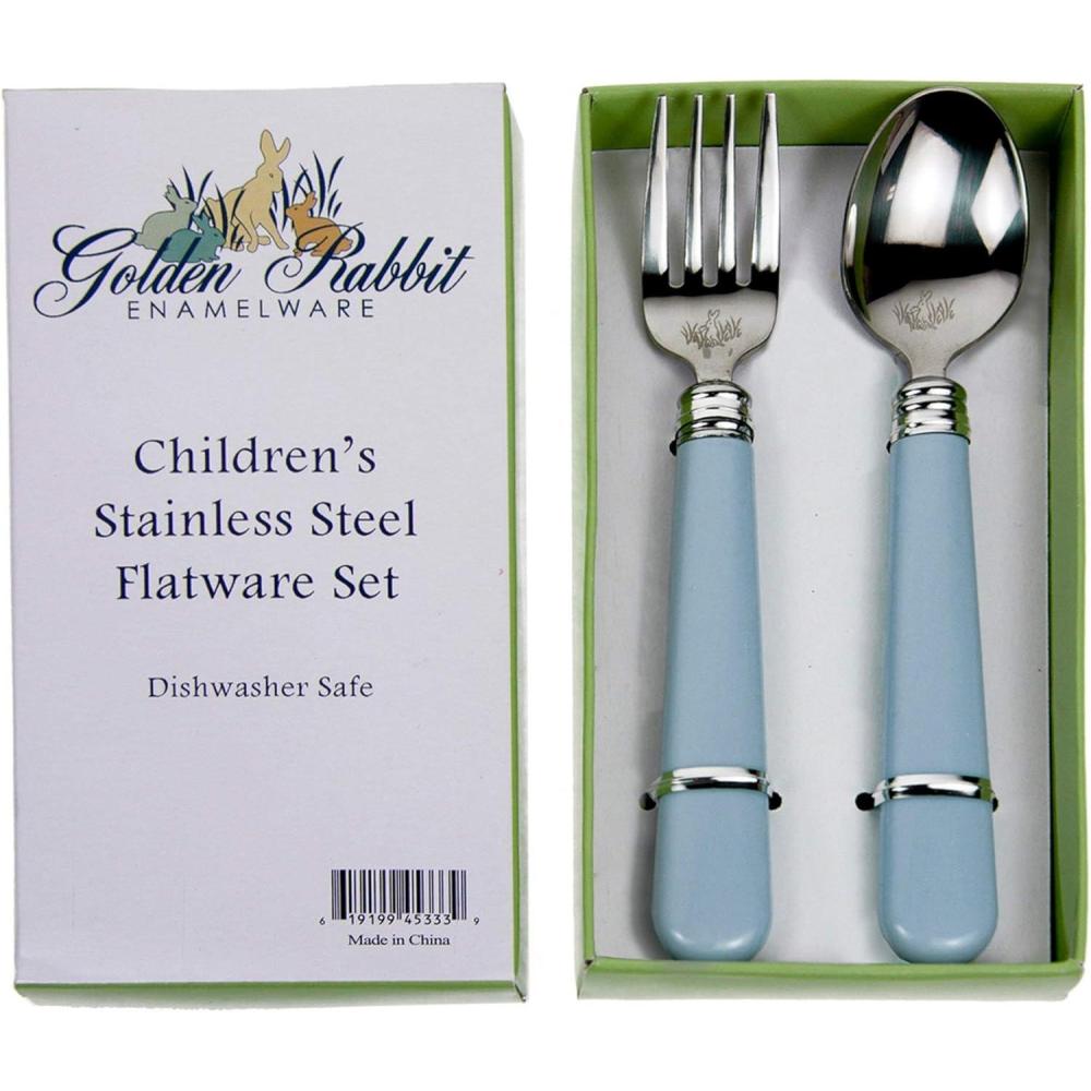 image:imageGolden Rabbit Enamelware Flatware Gift Set Fork and Spoon Peter RabbitPastel Blue