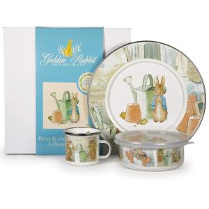 Golden Rabbit Enamelware Child Dinnerware Set: Plate, Mug and Bowl with Lid, Polka Dot Peter(Peter & the Watering Can)