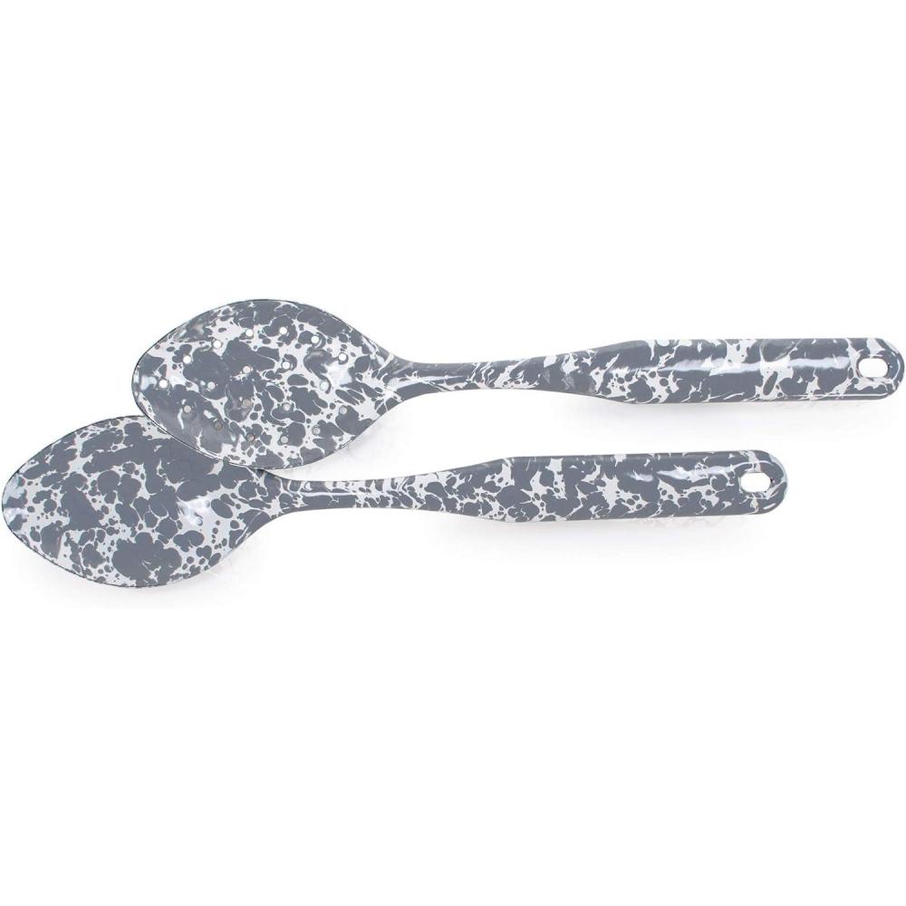 image:imageGolden Rabbit Enamelware 2piece Spoon Set Slotted and Regular Grey SwirlGrey Swirl