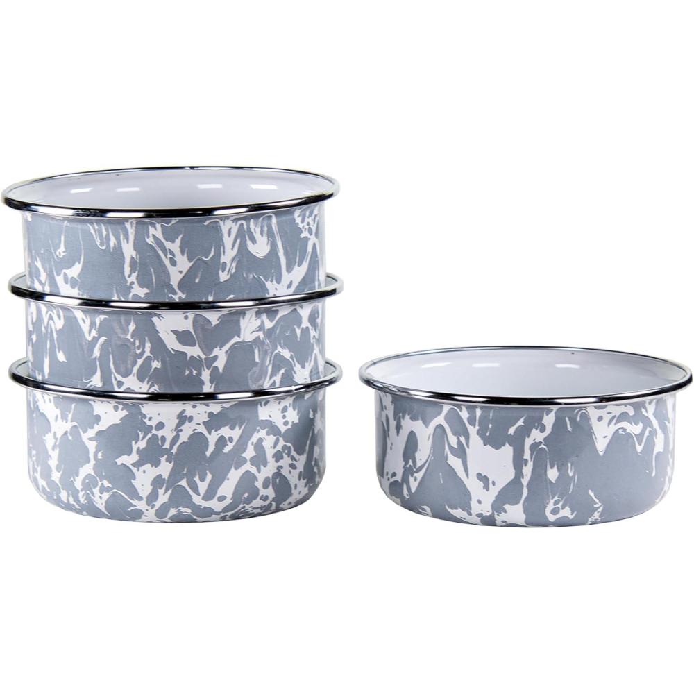 image:imageGolden Rabbit Enamelware Soup Bowls with Lids 14 ounce Grey Swirl Set of 4Grey Swirl