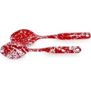 Golden Rabbit Enamelware 2-piece Spoon Set, Slotted and Regular, Grey Swirl(Red Swirl)