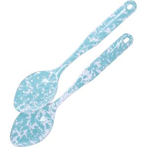 Golden Rabbit Enamelware 2-piece Spoon Set, Slotted and Regular, Grey Swirl(Sea Glass)