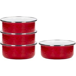 Golden Rabbit Enamelware Soup Bowls with Lids, 14 ounce, Grey Swirl, Set of 4(Solid Red Textured)