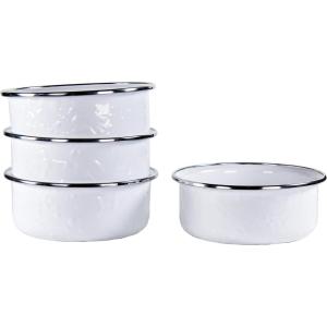 Golden Rabbit Enamelware Soup Bowls with Lids, 14 ounce, Grey Swirl, Set of 4(Solid White Textured)