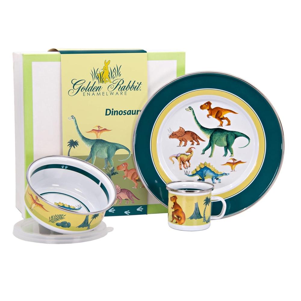 image:imageGolden Rabbit Enamelware Child Dinnerware Set Plate Mug and Bowl with Lid Tom KittenDinosaurs