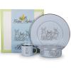Golden Rabbit Enamelware Child Dinnerware Set: Plate, Mug and Bowl with Lid, Tom Kitten(Blue Bunnies)