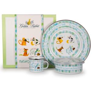 Golden Rabbit Enamelware Child Dinnerware Set: Plate, Mug and Bowl with Lid, Tom Kitten(Nursery Rhyme)