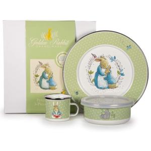 Golden Rabbit Enamelware Child Dinnerware Set: Plate, Mug and Bowl with Lid, Tom Kitten(Polka Dot Peter)