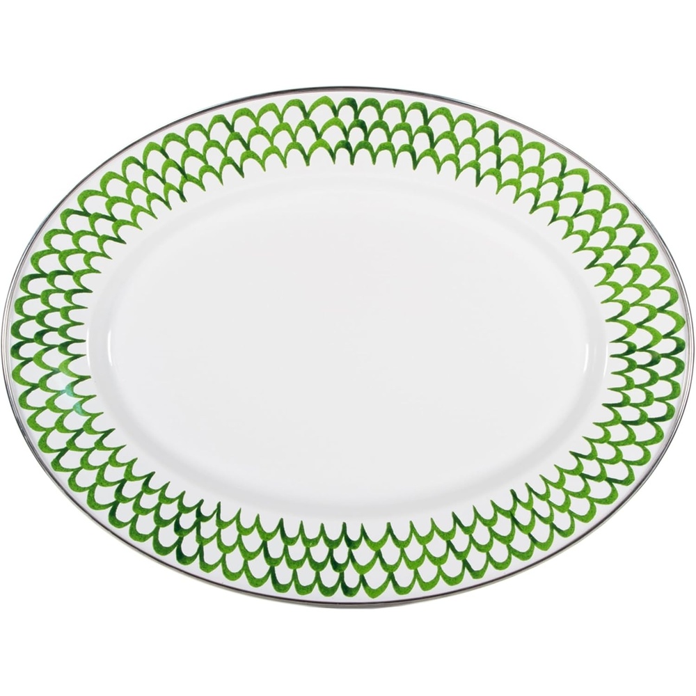 image:imageGolden Rabbit Enamelware Oval Platter 12 x 16in Highland PlaidGreen Scallop