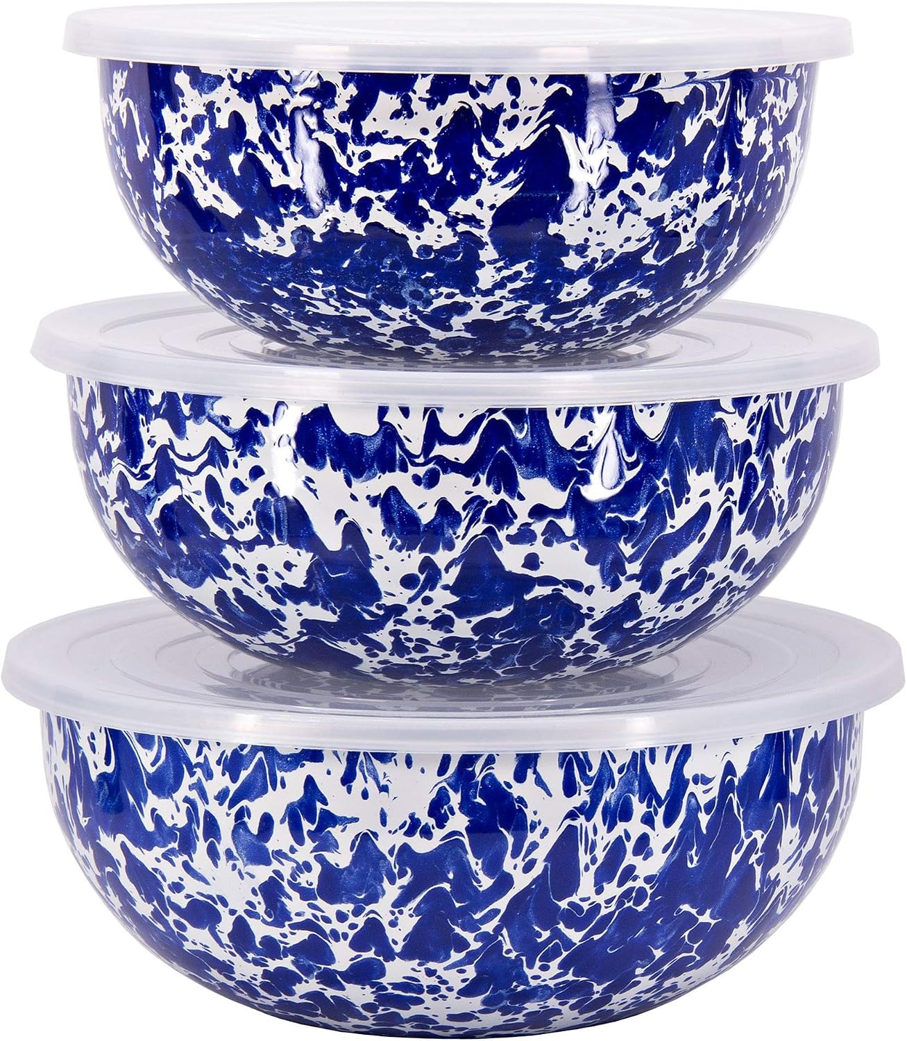 image:imageGolden Rabbit Enamelware Nested Mixing Bowls with Lids Set of 3 Sea GlassCobalt Swirl