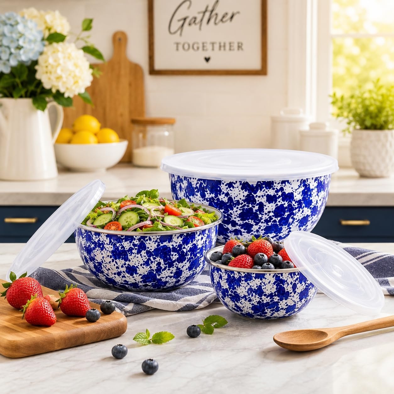 image:imageGolden Rabbit Enamelware Nested Mixing Bowls with Lids Set of 3 Sea GlassCobalt Swirl