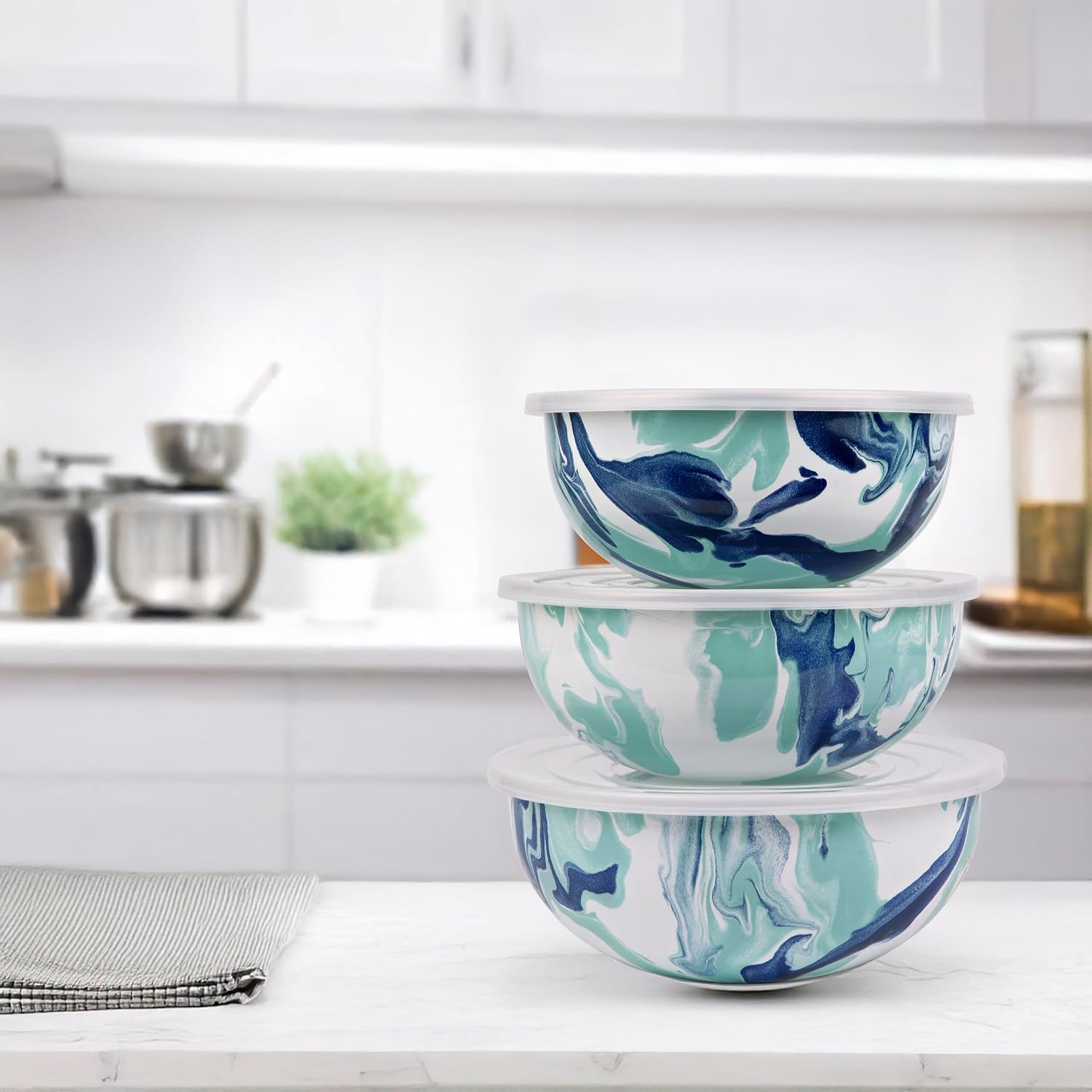 image:imageGolden Rabbit Enamelware Nested Mixing Bowls with Lids Set of 3 Sea GlassLagoon