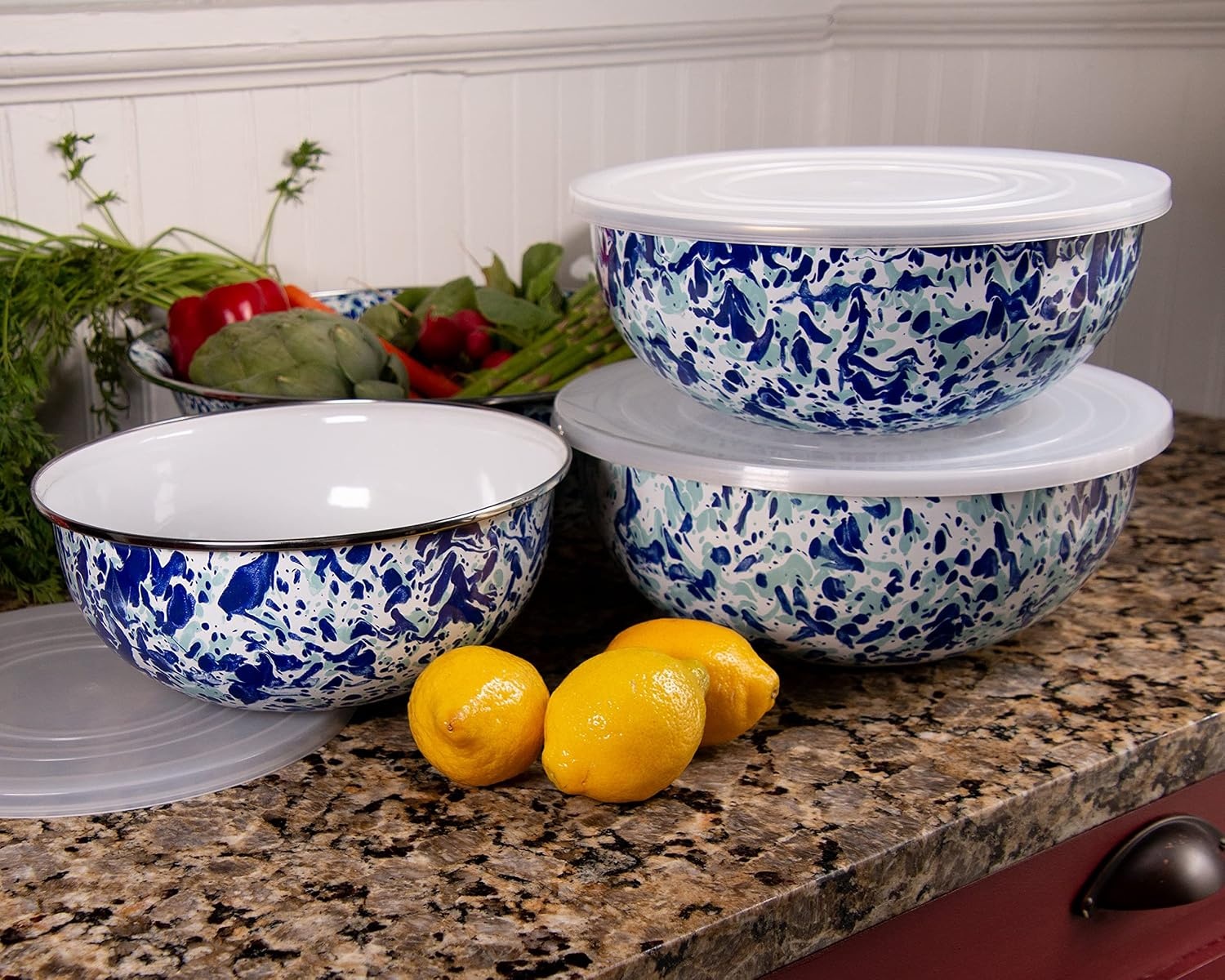 image:imageGolden Rabbit Enamelware Nested Mixing Bowls with Lids Set of 3 Sea GlassOcean