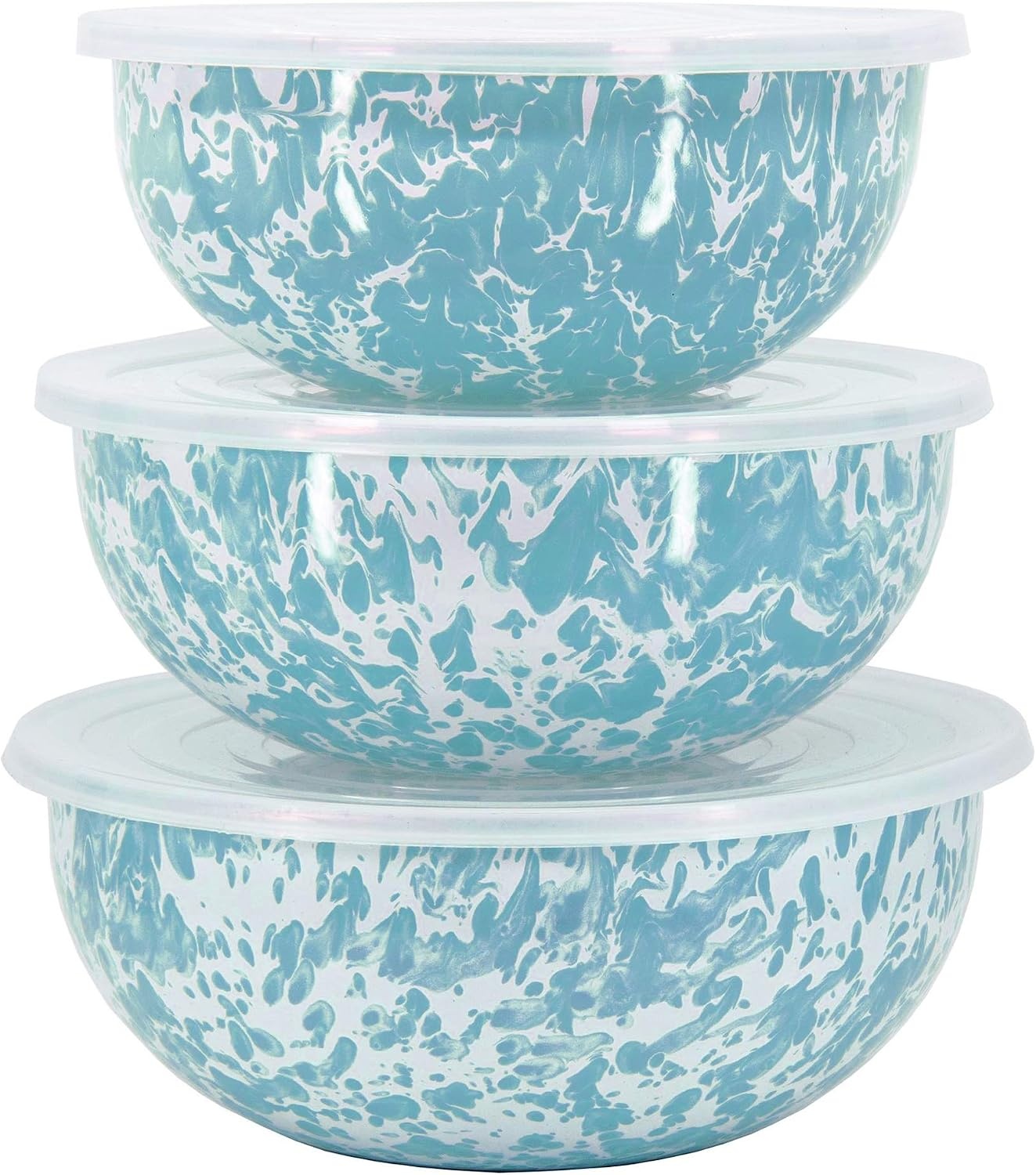image:imageGolden Rabbit Enamelware Nested Mixing Bowls with Lids Set of 3 Sea GlassSea Glass