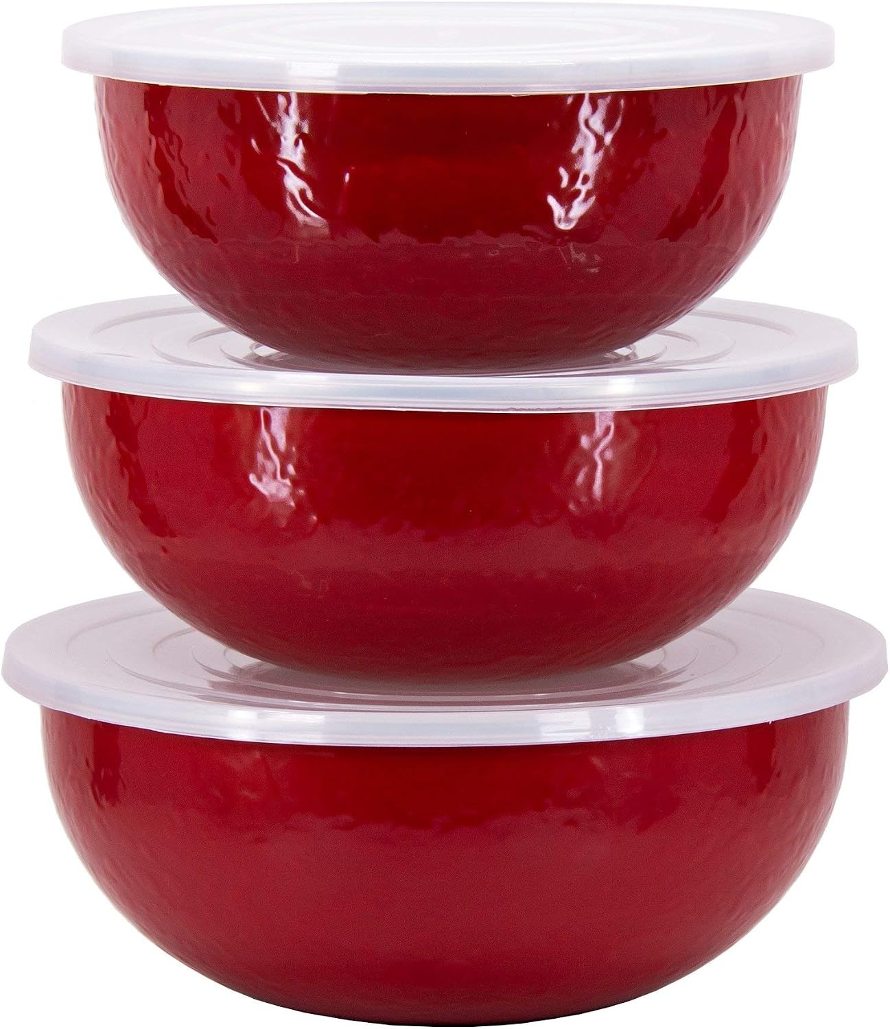 image:imageGolden Rabbit Enamelware Nested Mixing Bowls with Lids Set of 3 Sea GlassSolid Red Textured