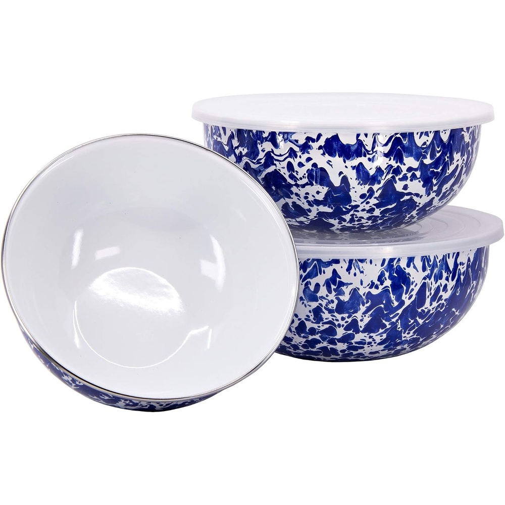 image:imageGolden Rabbit Enamelware Nested Mixing Bowls with Lids Set of 3 Sea GlassCobalt Swirl