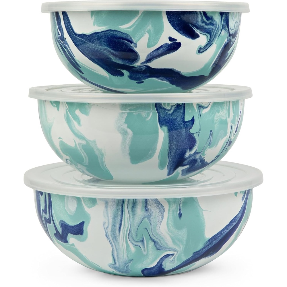 image:imageGolden Rabbit Enamelware Nested Mixing Bowls with Lids Set of 3 Sea GlassLagoon