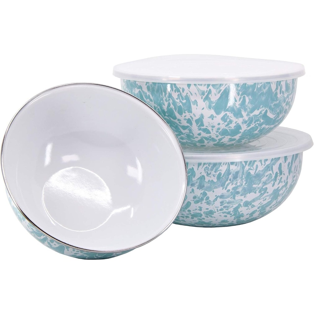 image:imageGolden Rabbit Enamelware Nested Mixing Bowls with Lids Set of 3 Sea GlassSea Glass